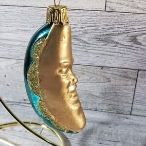 Vintage Crescent Man in the Moon Face Mercury Glass Ornament Green Gold Germany